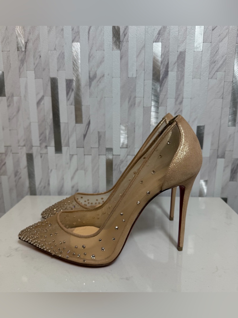 💎Christian Louboutin Nude Follies Strass Suede Rhinestones Heels 100 Size 39 - Picture 8 of 15